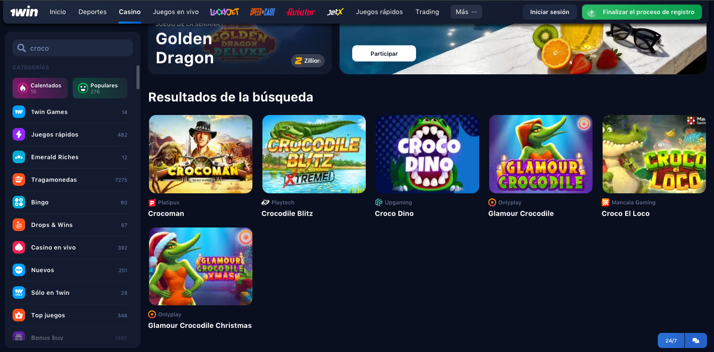 Croco Dino optimizado para móviles en la app de 1win