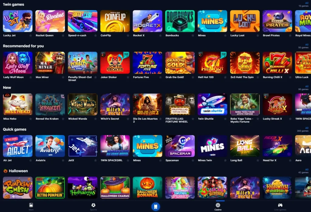 Online games in 1WIN Casino app